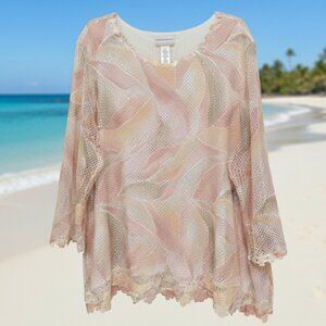 Alfred Dunner* Coral & Yellow Floral Print Top* Semi-Sheer* Lace Hem* Size: 3X